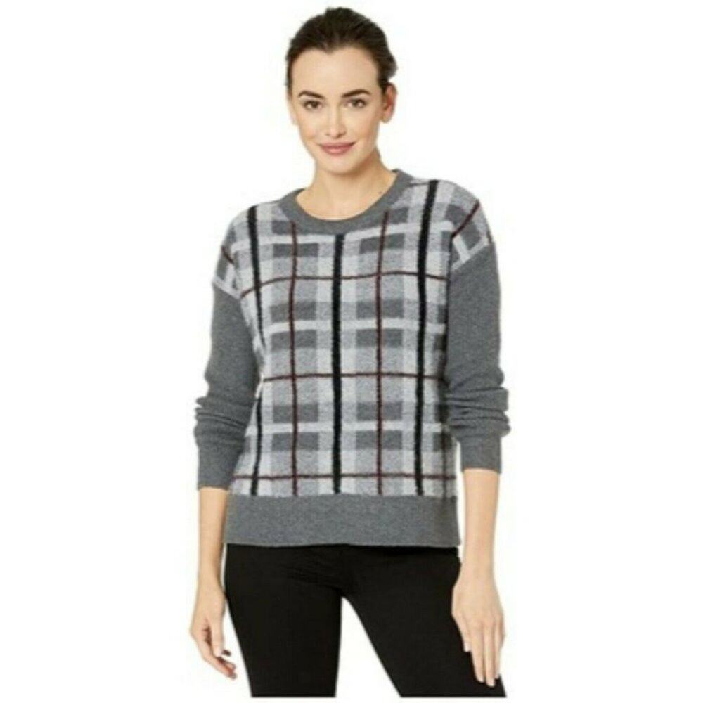 Vince Camuto Pullover Sweater Plaid Grey White Medium new Plaid Split Hem Sleeve